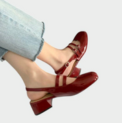 Damen Lackpumps Slingback mit Blockabsatz – elegante Schuhe mit Doppelriemen und Schnallen