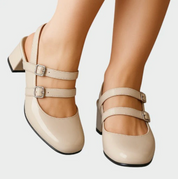 Damen Lackpumps Slingback mit Blockabsatz – elegante Schuhe mit Doppelriemen und Schnallen