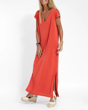 Damen Maxi-Kleid mit V-Ausschnitt und Seitenschlitzen – Oversize Sommerkleid