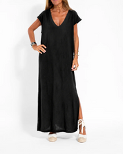 Damen Maxi-Kleid mit V-Ausschnitt und Seitenschlitzen – Oversize Sommerkleid