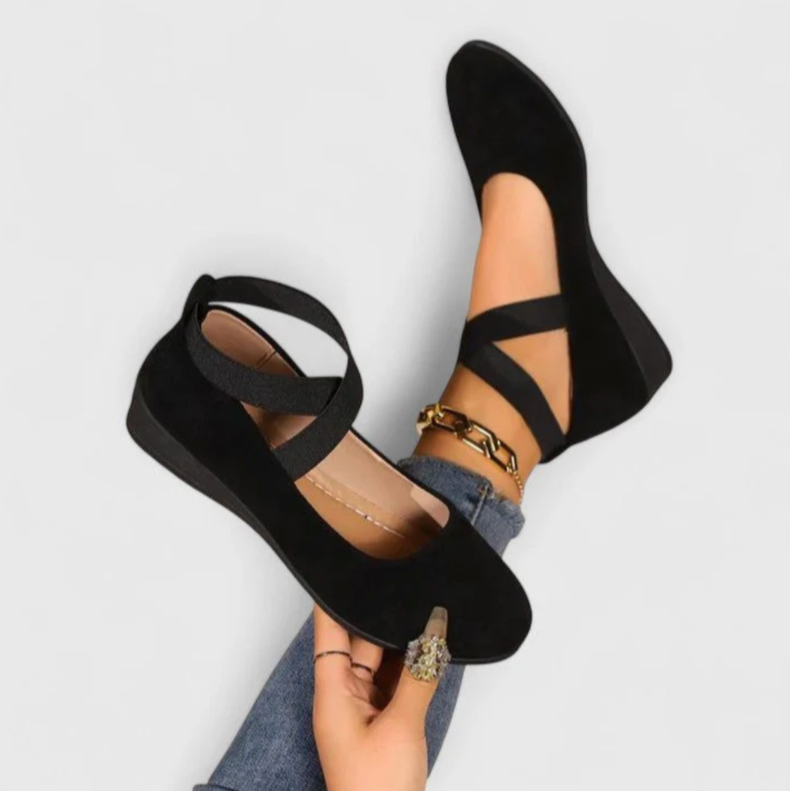 Damen Ballerinas mit Keilabsatz und elastischen Riemchen