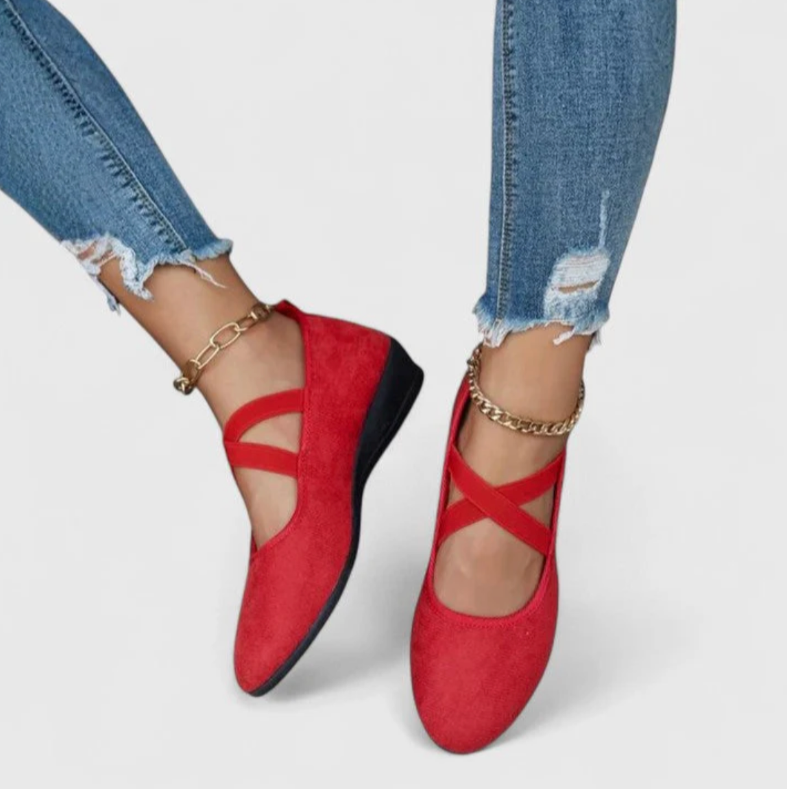 Damen Ballerinas mit Keilabsatz und elastischen Riemchen