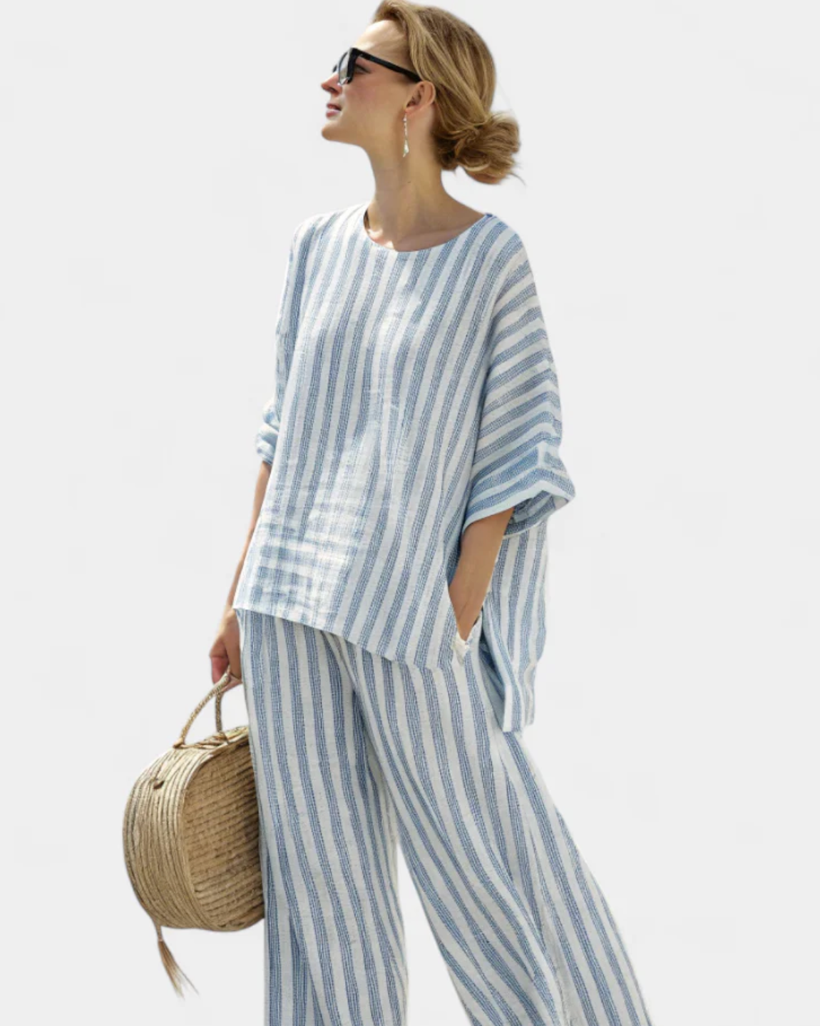 Damen Sommeranzug mit Streifen – lockere Bluse und weite Hose im Set
