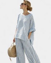 Damen Sommeranzug mit Streifen – lockere Bluse und weite Hose im Set