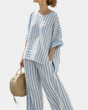 Damen Sommeranzug mit Streifen – lockere Bluse und weite Hose im Set