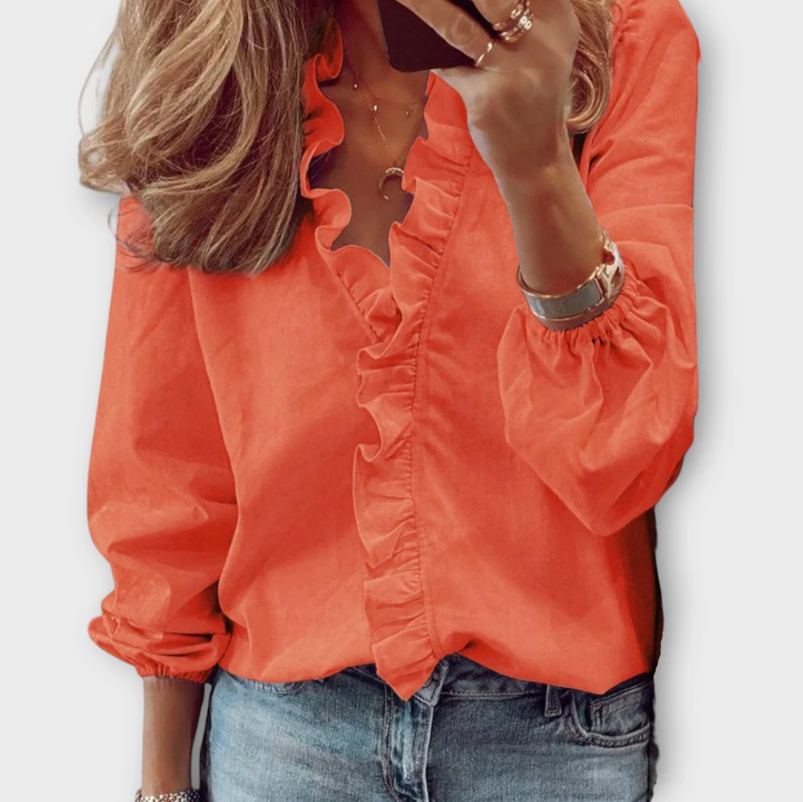 Damen Bluse mit Rüschen und V-Ausschnitt – Elegante Langarmbluse