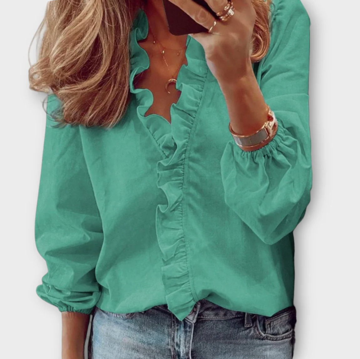 Damen Bluse mit Rüschen und V-Ausschnitt – Elegante Langarmbluse