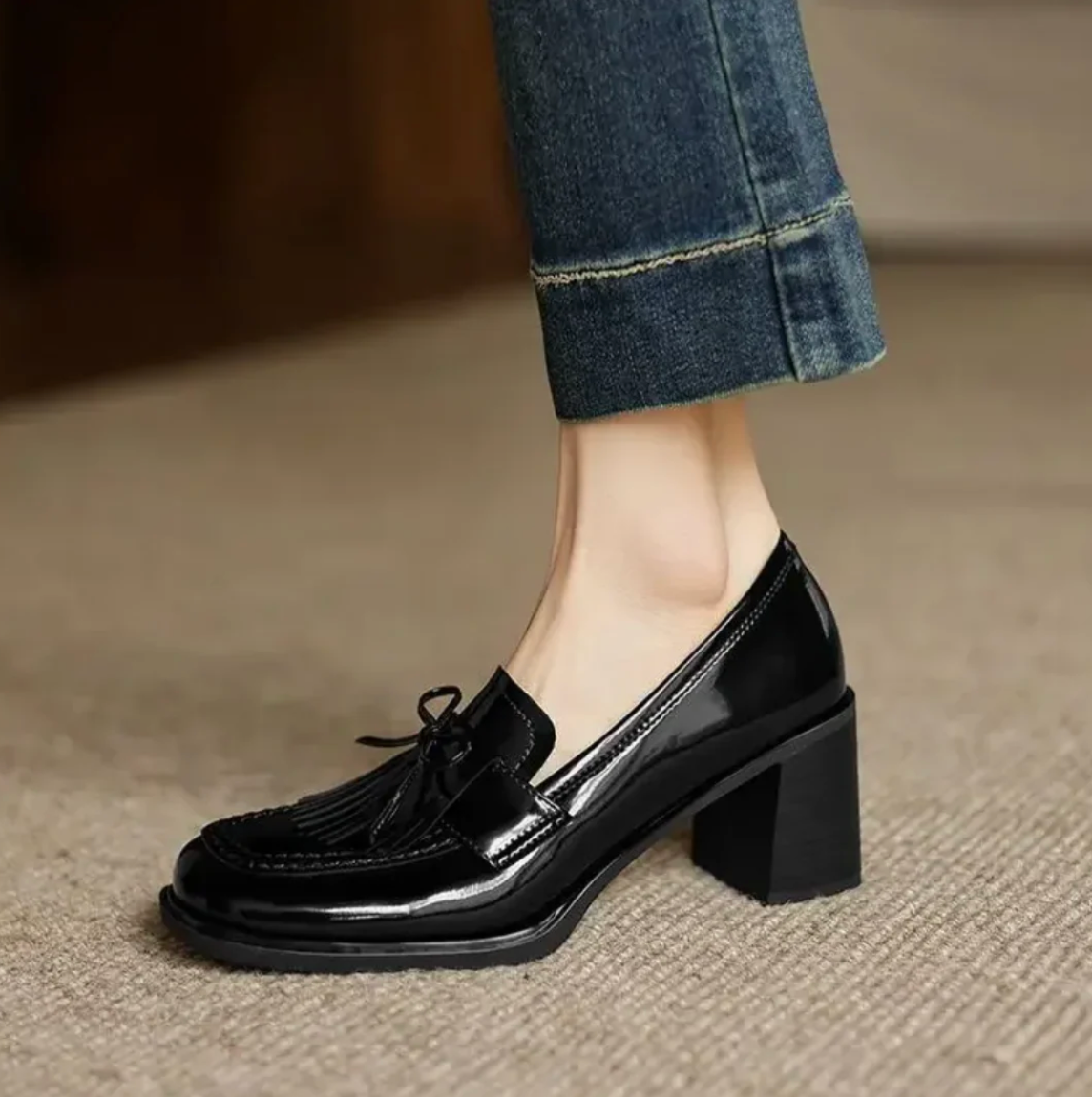 Damen Loafer mit Blockabsatz und Fransen – Elegante Slipper