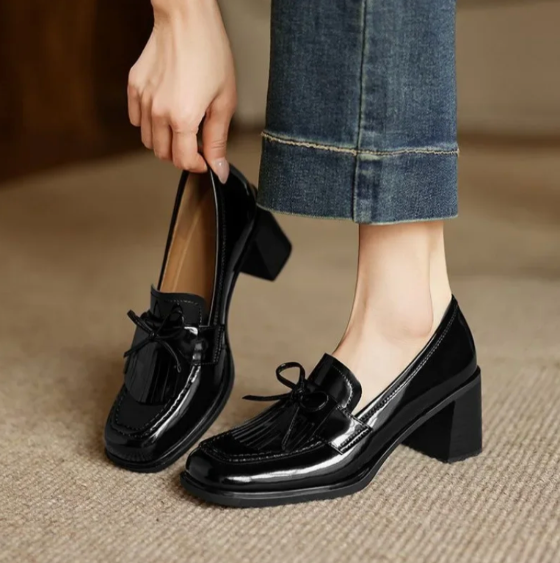 Damen Loafer mit Blockabsatz und Fransen – Elegante Slipper