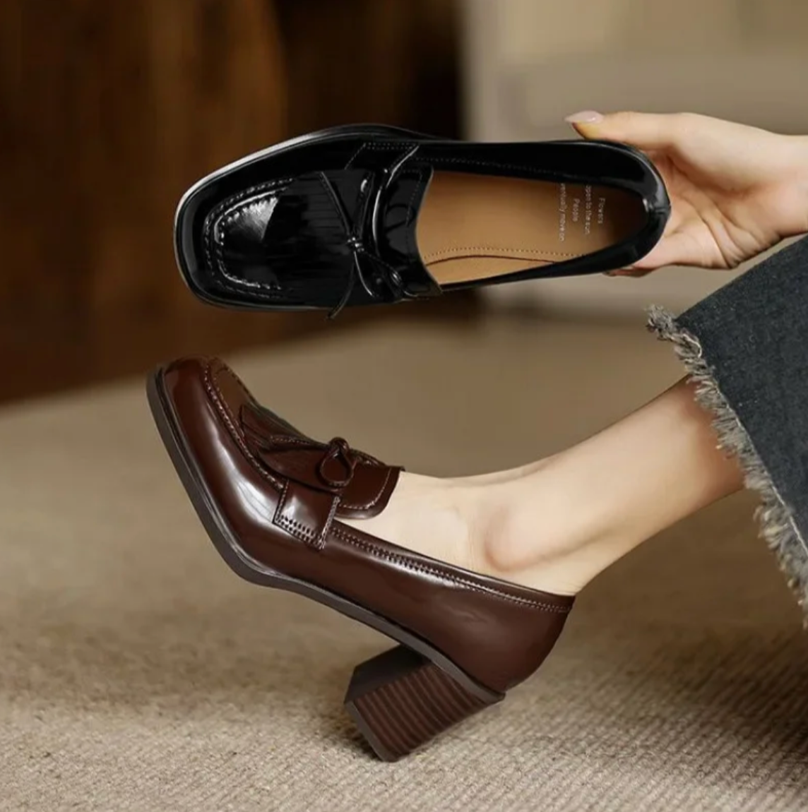 Damen Loafer mit Blockabsatz und Fransen – Elegante Slipper