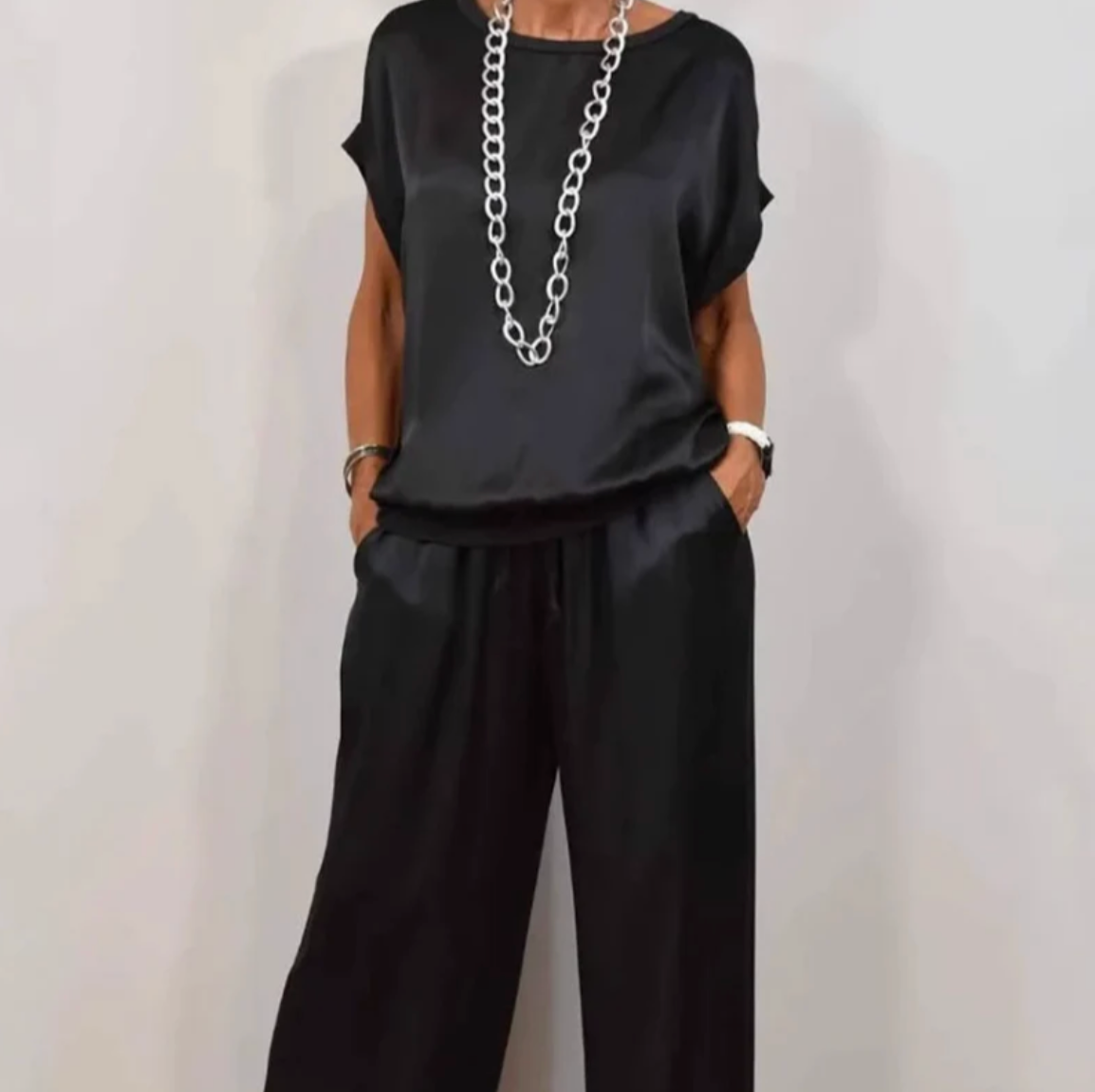 Damen Satin-Set – elegante Bluse mit weiter Hose, locker und komfortabel