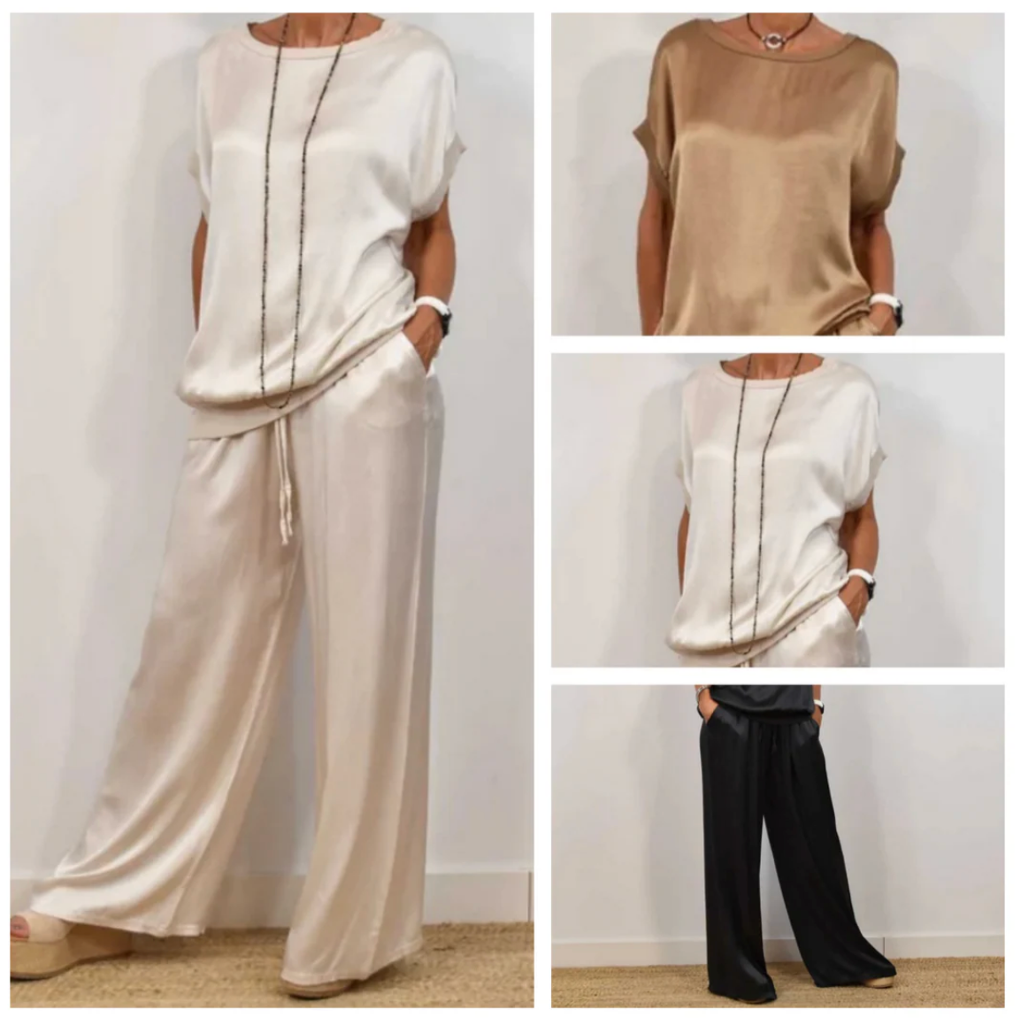 Damen Satin-Set – elegante Bluse mit weiter Hose, locker und komfortabel