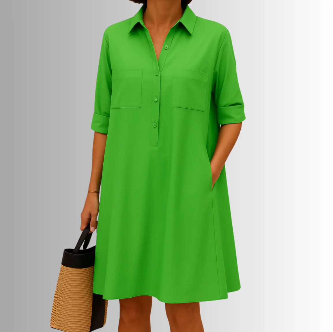 Damen Hemdblusenkleid im A-Linien-Schnitt mit Kragen, Knöpfen und Taschen
