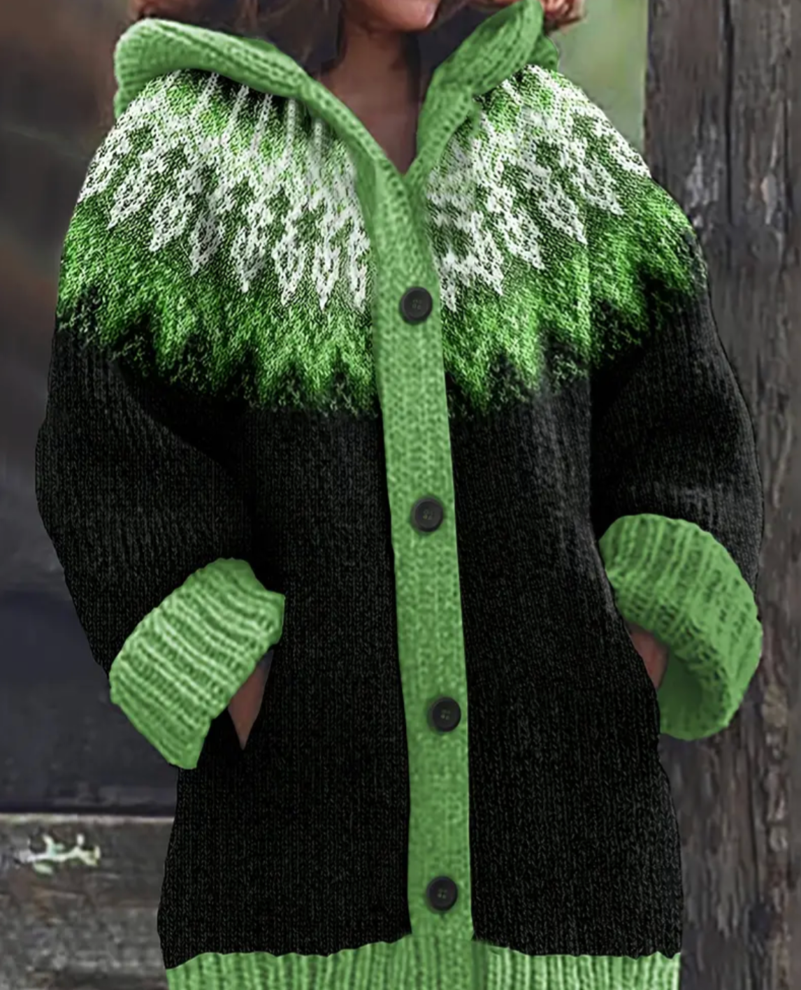 Damen Cardigan mit Kapuze – warmer Strickjacke mit Knöpfen und Taschen, lockerer Schnitt