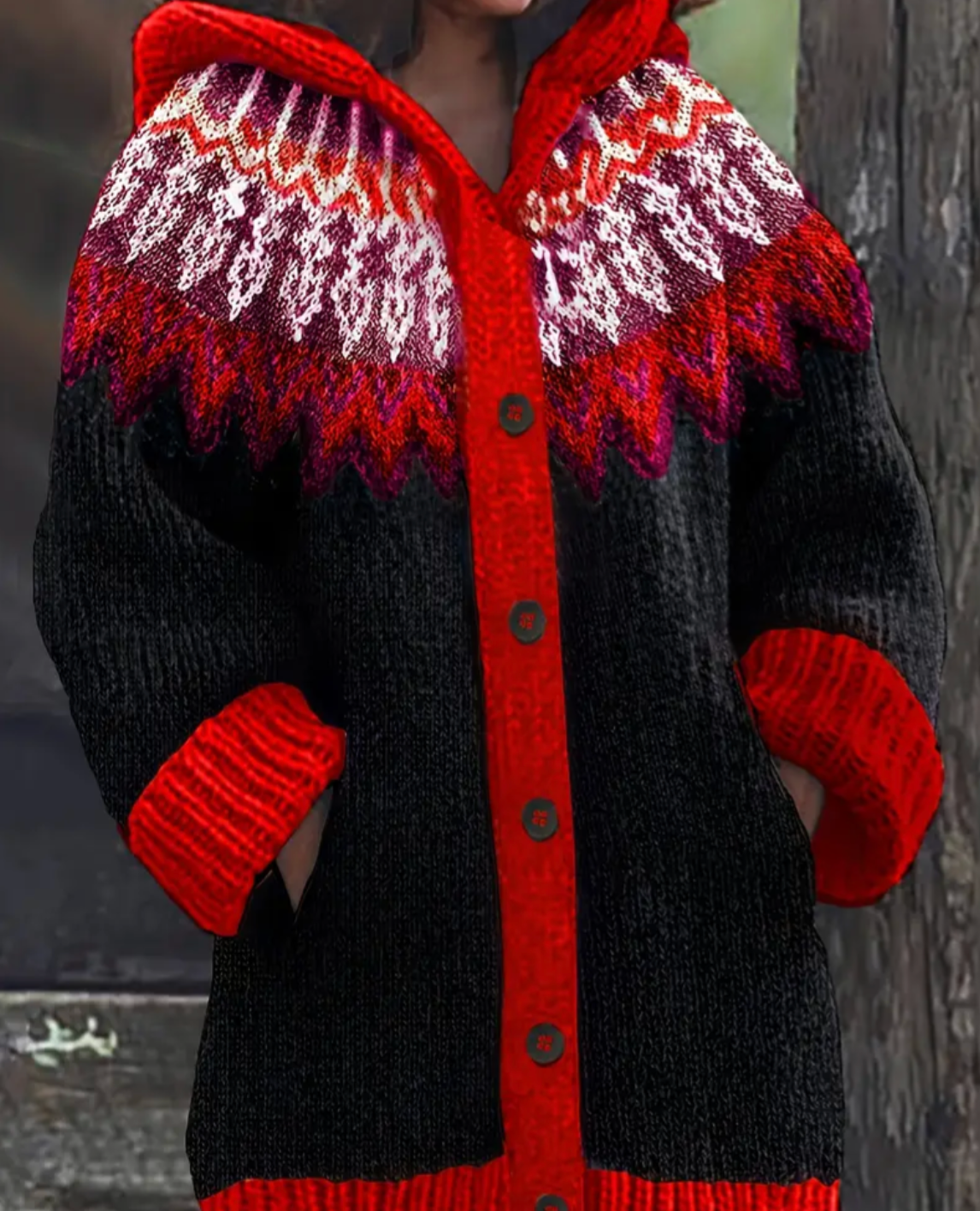 Damen Cardigan mit Kapuze – warmer Strickjacke mit Knöpfen und Taschen, lockerer Schnitt