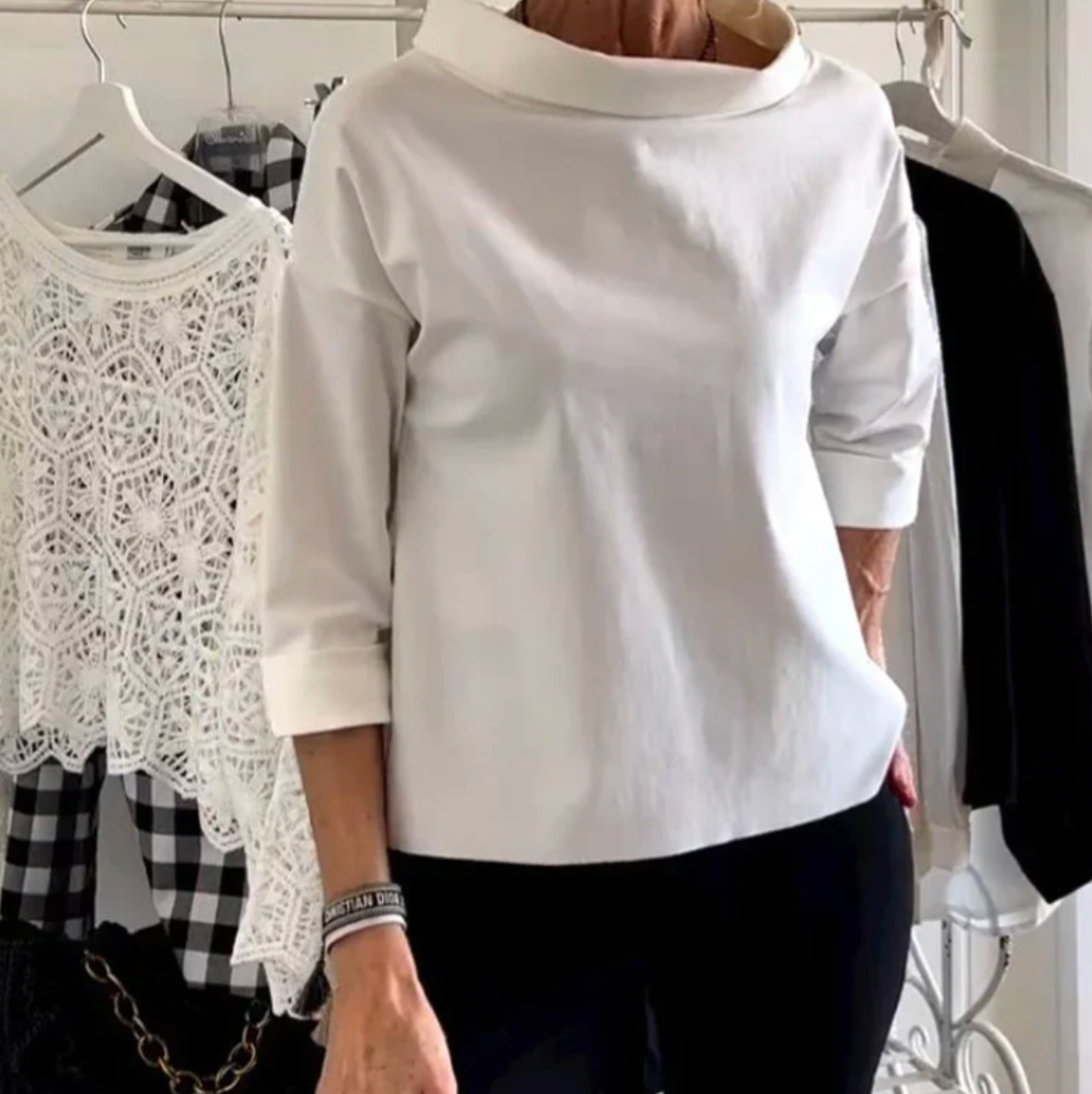 Damen Bluse mit Bootsausschnitt und 3/4-Ärmel – elegante lockere Casual-Bluse