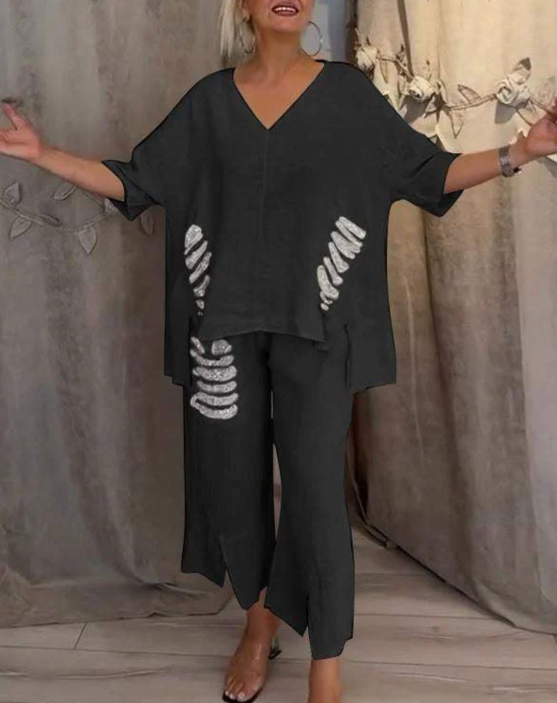 Damen Leinen-Set 2-teilig – Oversize-Tunika mit V-Ausschnitt und weite Hose