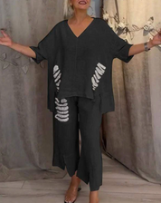 Damen Leinen-Set 2-teilig – Oversize-Tunika mit V-Ausschnitt und weite Hose