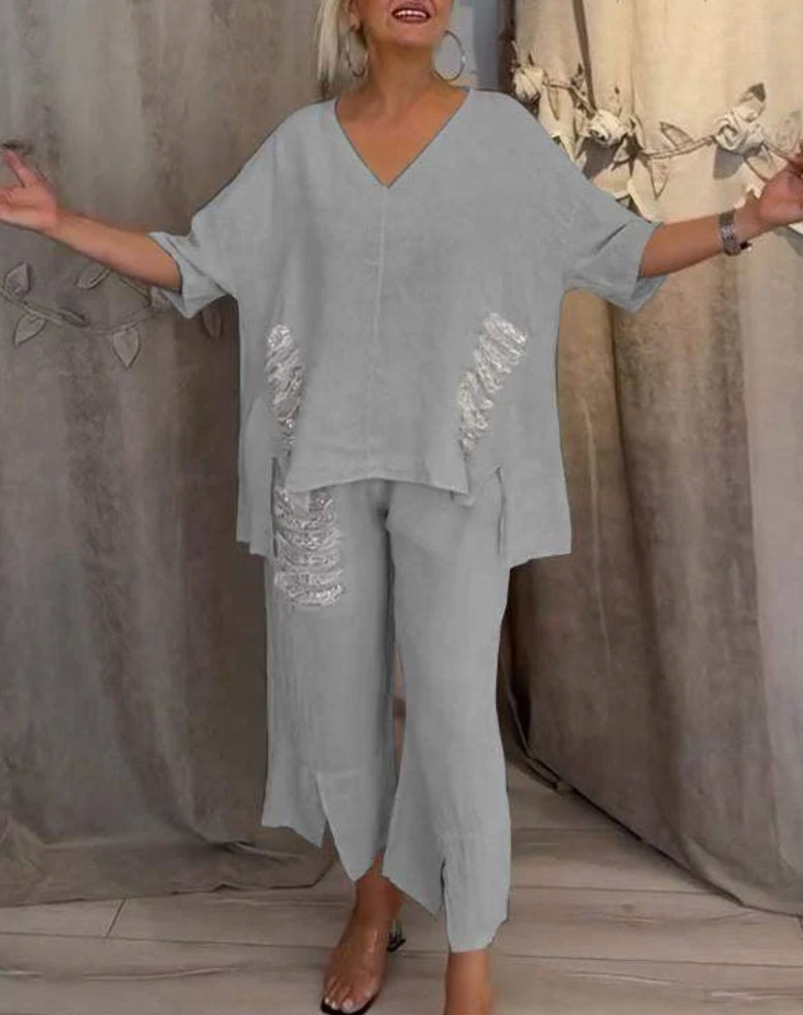 Damen Leinen-Set 2-teilig – Oversize-Tunika mit V-Ausschnitt und weite Hose