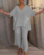 Damen Leinen-Set 2-teilig – Oversize-Tunika mit V-Ausschnitt und weite Hose