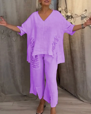Damen Leinen-Set 2-teilig – Oversize-Tunika mit V-Ausschnitt und weite Hose