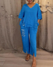 Damen Leinen-Set 2-teilig – Oversize-Tunika mit V-Ausschnitt und weite Hose