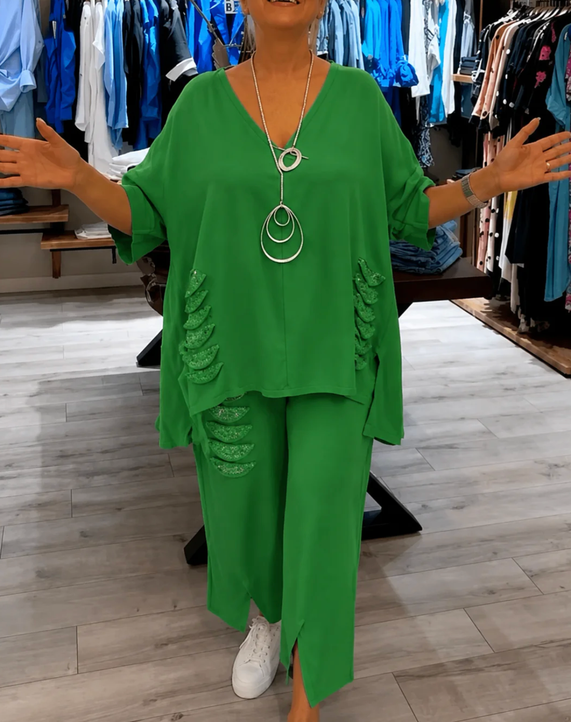 Damen Leinen-Set 2-teilig – Oversize-Tunika mit V-Ausschnitt und weite Hose