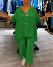 Damen Leinen-Set 2-teilig – Oversize-Tunika mit V-Ausschnitt und weite Hose