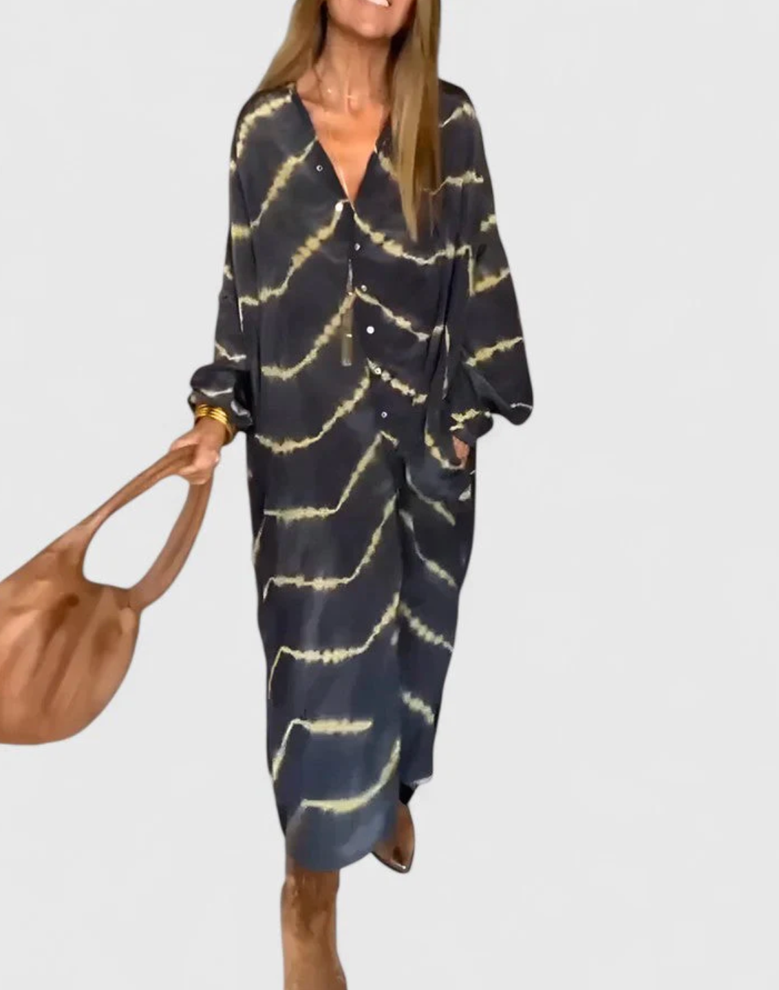 Damen Oversize Midi-Hemdblusenkleid mit Tie-Dye-Print und langen Ärmeln