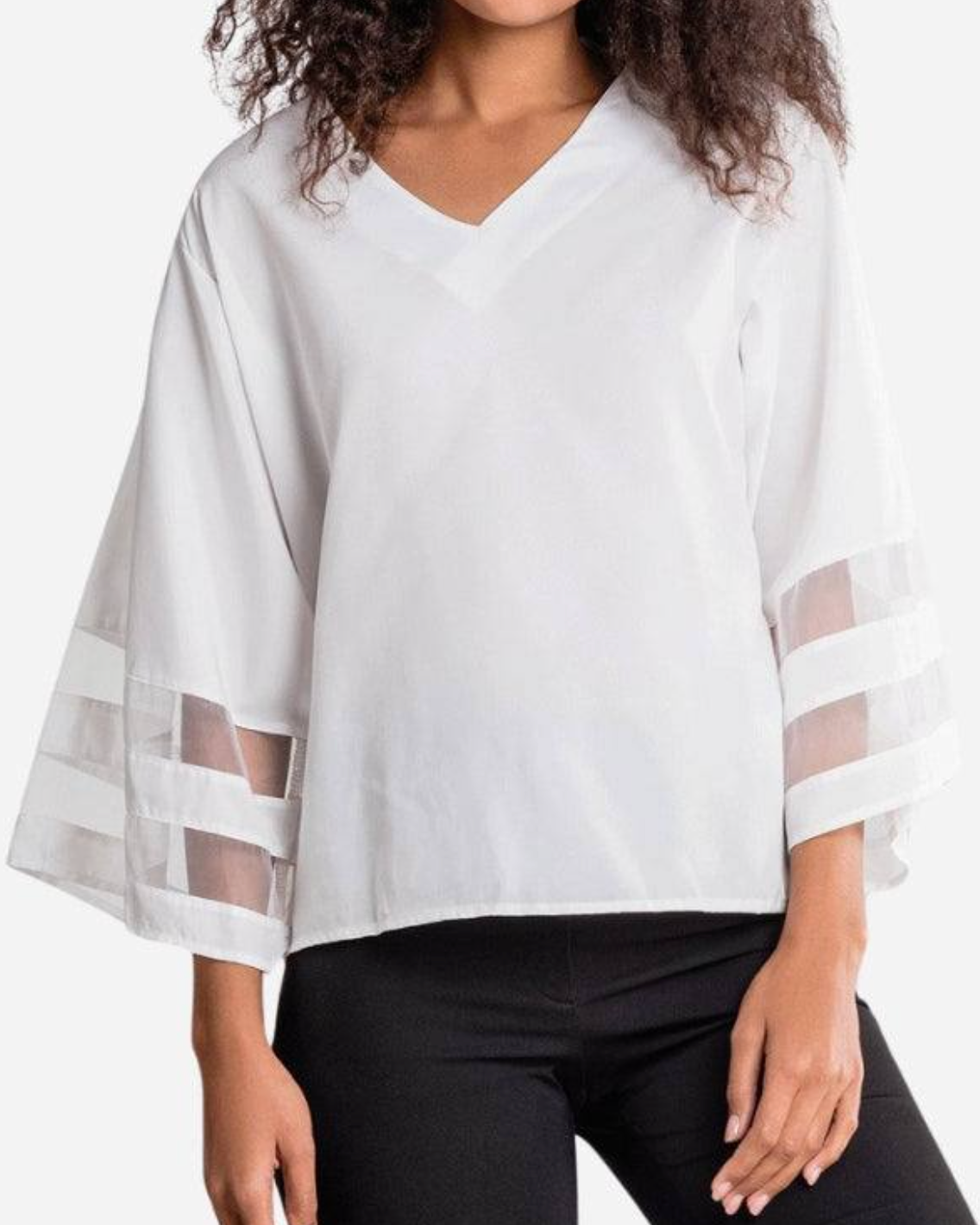 Damen Bluse mit V-Ausschnitt und Trompetenärmeln – elegante Bluse mit transparenten Mesh-Einsätzen