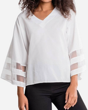 Damen Bluse mit V-Ausschnitt und Trompetenärmeln – elegante Bluse mit transparenten Mesh-Einsätzen