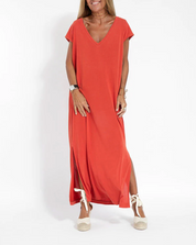 Damen Maxi-Kleid mit V-Ausschnitt und Seitenschlitzen – Oversize Sommerkleid