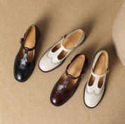 Damen Mary Jane Halbschuhe mit T-Bar-Riemen – elegante Schuhe mit Brogue-Perforationen und niedrigem Absatz