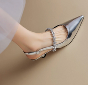 Damen Slingback-Pumps mit Strasssteinen – Elegante Spitzzehn-Schuhe