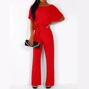 Damen Jumpsuit mit weiten Beinen und Bindegürtel – eleganter Kurzarm-Overall
