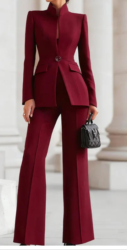 Eleganter Damen-Hosenanzug mit Wide-Leg-Hose – Blazer mit Stehkragen und weiter Hose
