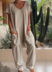 Damen Oversize Jumpsuit mit Taschen und V-Ausschnitt