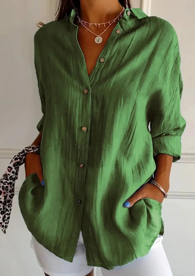 Damen Oversize Leinenbluse mit Knopfleiste und langen Ärmeln