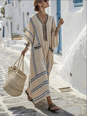 Damen Kaftan Maxikleid mit V-Ausschnitt und Taschen – luftiges Strandkleid