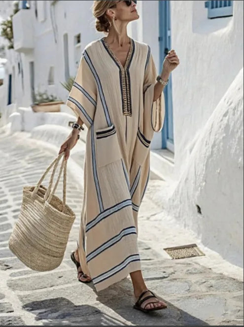 Damen Kaftan Maxikleid mit V-Ausschnitt und Taschen – luftiges Strandkleid