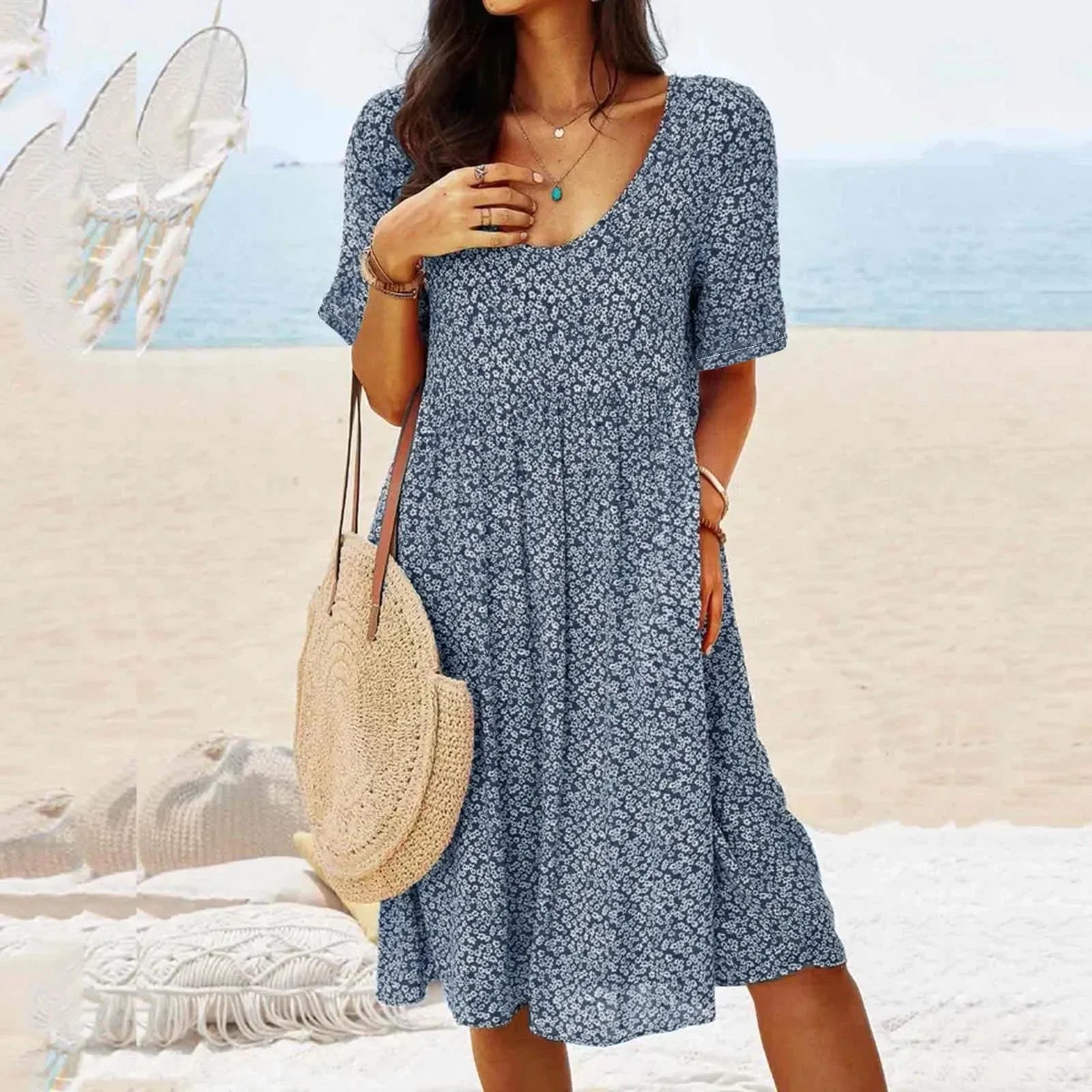Damen Sommerkleid mit V-Ausschnitt und Taschen – leichtes Midi-Kleid in Loose-Fit