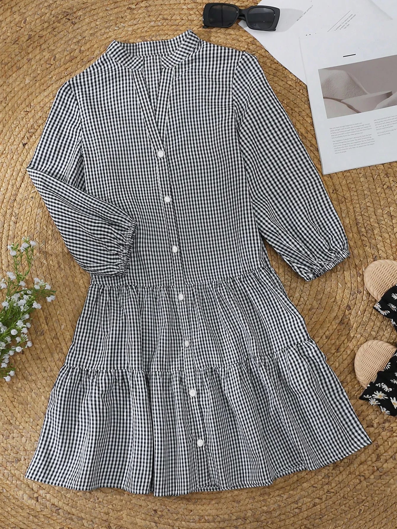 Damen Hemdkleid mit Karomuster – ausgestelltes Minikleid mit Rüschen und 3/4-Arm