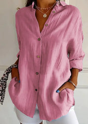 Damen Oversize Leinenbluse mit Knopfleiste und langen Ärmeln