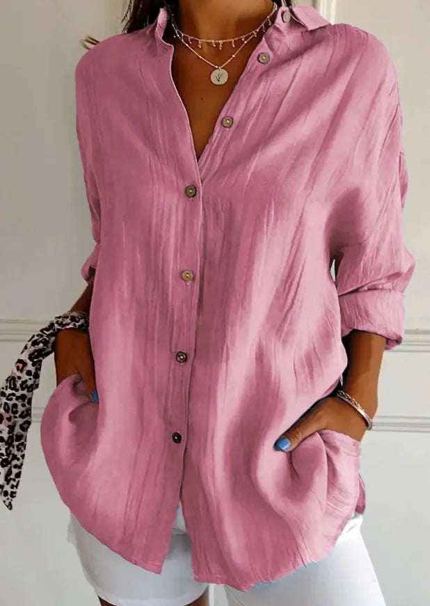 Damen Oversize Leinenbluse mit Knopfleiste und langen Ärmeln