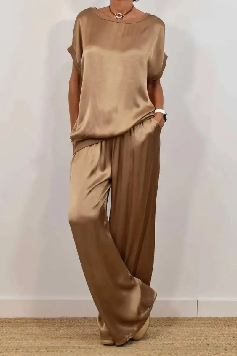Damen Satin-Set – elegante Bluse mit weiter Hose, locker und komfortabel