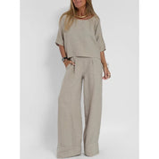 Damen Casual Set – Lockere Bluse mit weiter Hose und hohem Bund