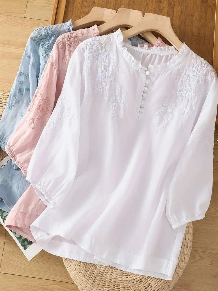 Damen Bluse mit Stickerei und Knopfleiste