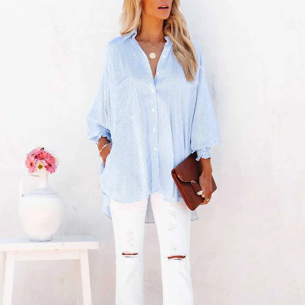 Damen Oversize Bluse mit Streifen – lockere Langarmbluse mit Hemdkragen