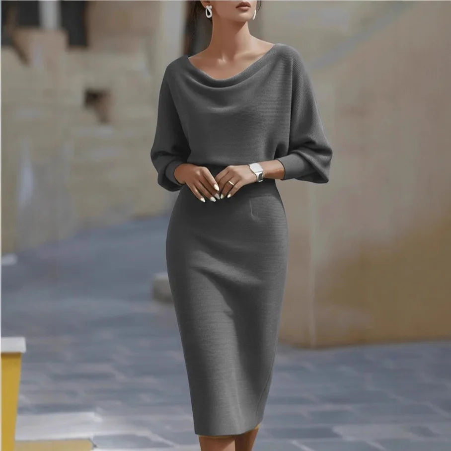 Damen Strickkleid Midi mit V-Ausschnitt – Elegantes Figurbetontes Kleid mit 3/4-Ärmel