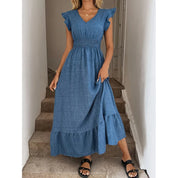 Damen Maxi-Kleid mit Wickelausschnitt und geraffter Taille – elegantes Kleid mit Rüschen